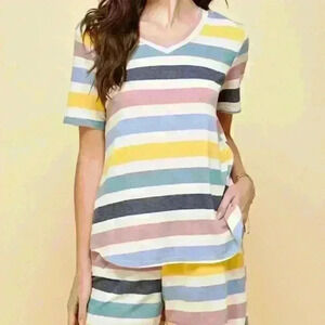 Yellow/Blue/Pink Striped Loungewear Top and‎ Shorts